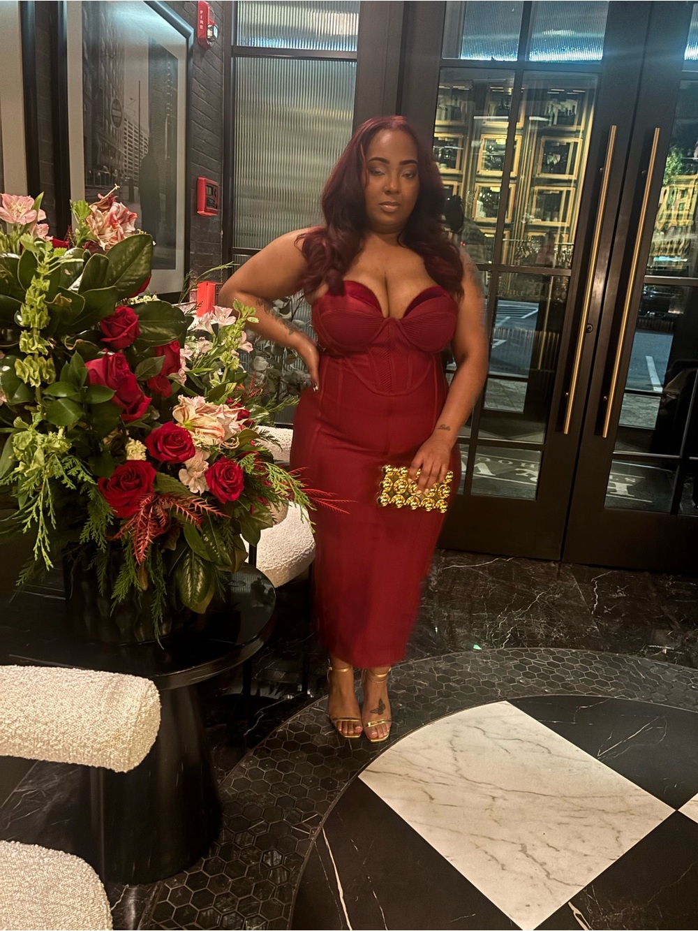 Fashion Nova Burgundy Strapless Bodycon Midi Dress